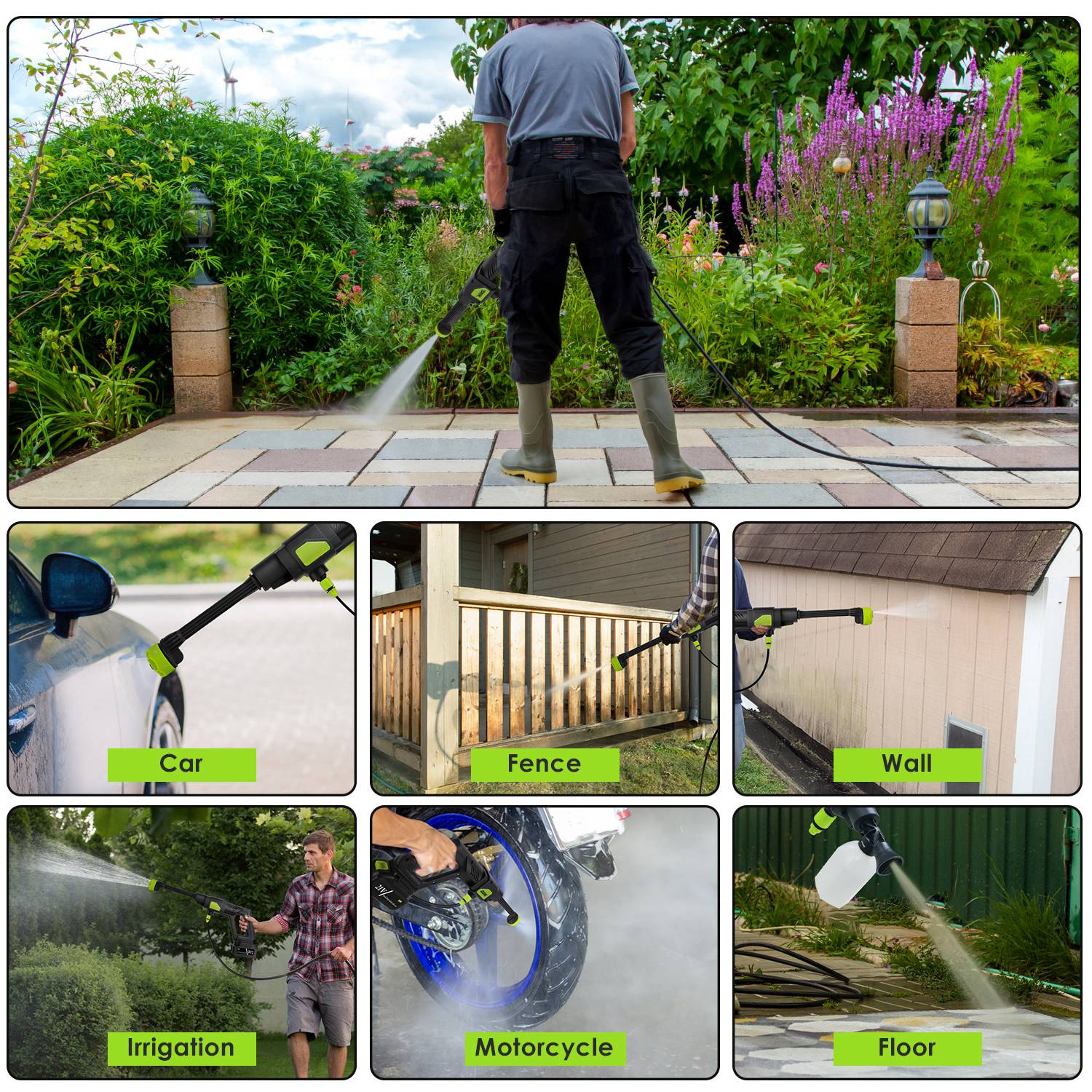 Cordless 435PSI Portable Pressure Washer 21V – Electric Power Washer for Car Cleaning with 6-in-1 Nozzle, Foam Bottle & 15000mAh Battery