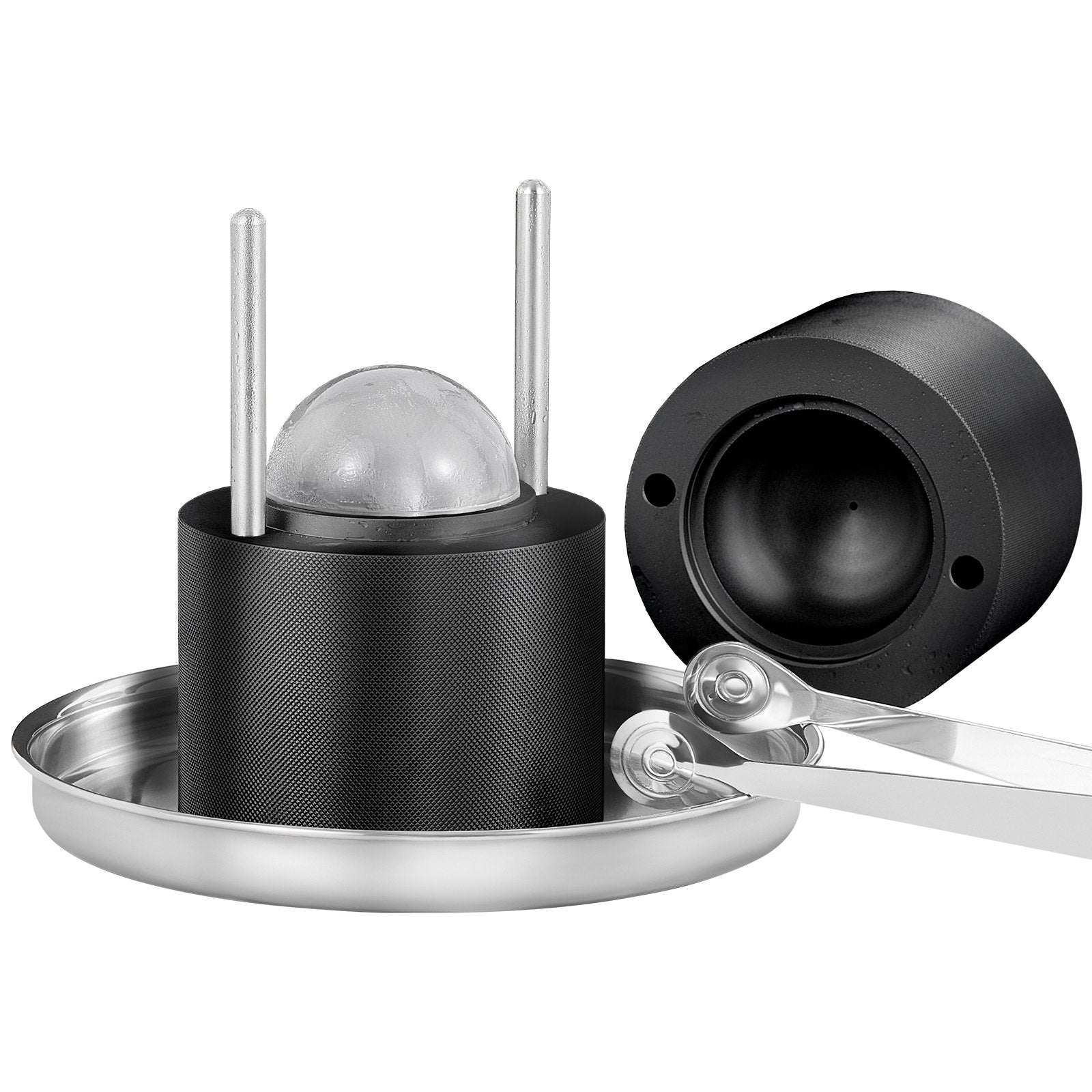 Ice Ball Press Kit 60mm – 2.4" Aircraft Aluminum Alloy Ice Sphere Maker with Tongs & Drip Tray for Whiskey, Cocktails & Bourbon (Black)
