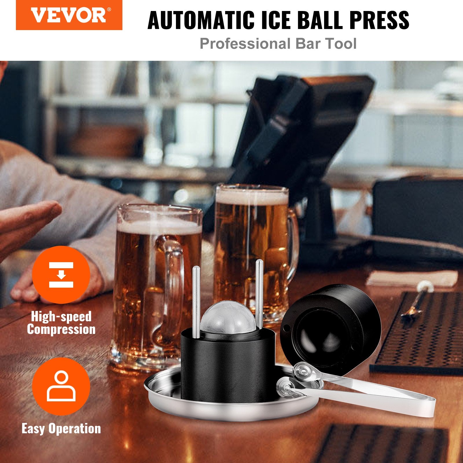 Ice Ball Press Kit 60mm – 2.4" Aircraft Aluminum Alloy Ice Sphere Maker with Tongs & Drip Tray for Whiskey, Cocktails & Bourbon (Black)