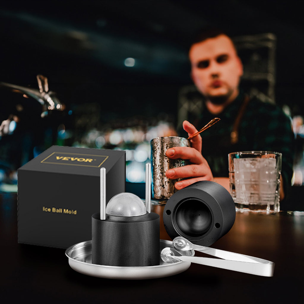 Ice Ball Press Kit 60mm – 2.4" Aircraft Aluminum Alloy Ice Sphere Maker with Tongs & Drip Tray for Whiskey, Cocktails & Bourbon (Black)