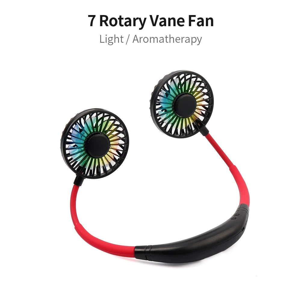 Mini Portable Neckband Fan, USB Rechargeable Hanging Double Air Cooler with Aroma, Colorful Desk Fan for Room