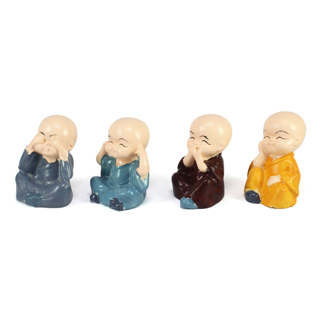 Resin Set of 4 Little Monk Buddha Statue Think No Evil Speak No Evil Hear No Evil See No Evil Showpiece for Home Decor Living Room Office| Diwali Housewarming Buddha Purnima Birthday Gifts