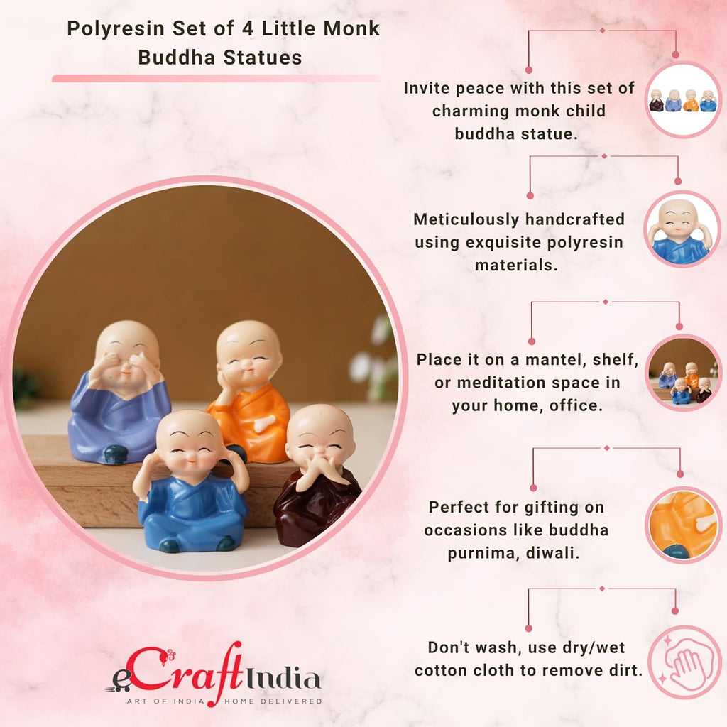 Resin Set of 4 Little Monk Buddha Statue Think No Evil Speak No Evil Hear No Evil See No Evil Showpiece for Home Decor Living Room Office| Diwali Housewarming Buddha Purnima Birthday Gifts