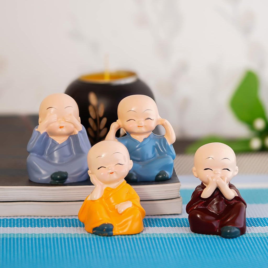 Resin Set of 4 Little Monk Buddha Statue Think No Evil Speak No Evil Hear No Evil See No Evil Showpiece for Home Decor Living Room Office| Diwali Housewarming Buddha Purnima Birthday Gifts