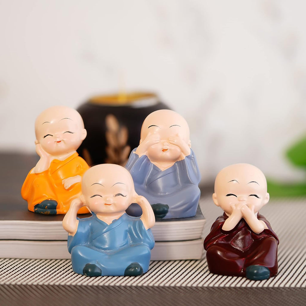 Resin Set of 4 Little Monk Buddha Statue Think No Evil Speak No Evil Hear No Evil See No Evil Showpiece for Home Decor Living Room Office| Diwali Housewarming Buddha Purnima Birthday Gifts