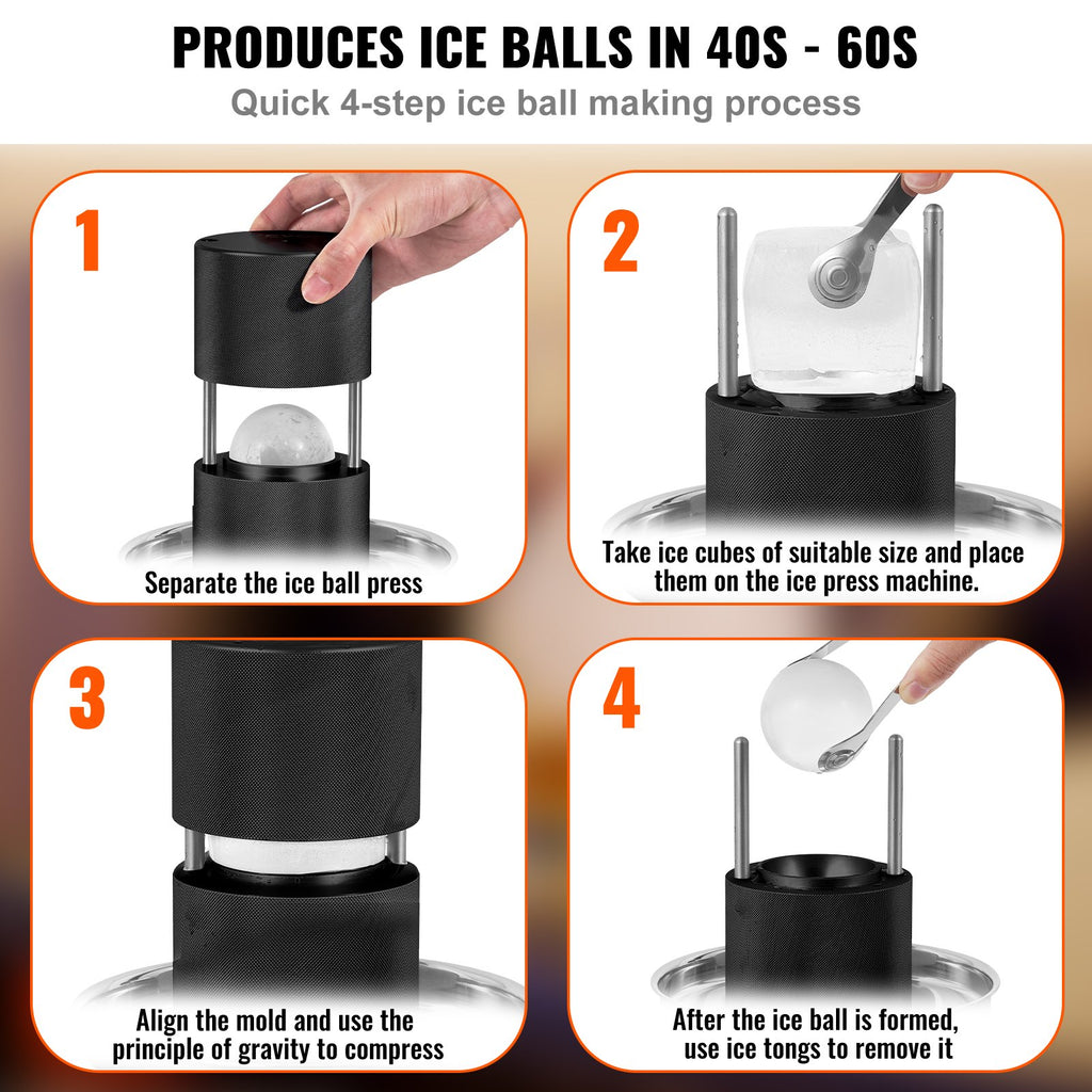 Ice Ball Press Kit 60mm – 2.4" Aircraft Aluminum Alloy Ice Sphere Maker with Tongs & Drip Tray for Whiskey, Cocktails & Bourbon (Black)