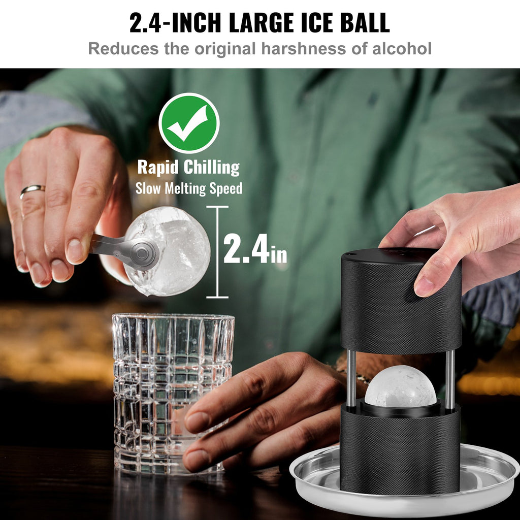 Ice Ball Press Kit 60mm – 2.4" Aircraft Aluminum Alloy Ice Sphere Maker with Tongs & Drip Tray for Whiskey, Cocktails & Bourbon (Black)