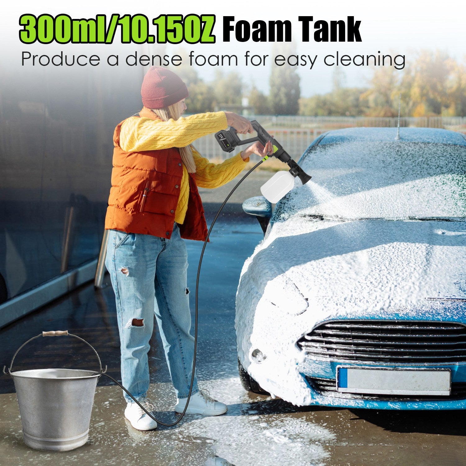 Cordless 435PSI Portable Pressure Washer 21V – Electric Power Washer for Car Cleaning with 6-in-1 Nozzle, Foam Bottle & 15000mAh Battery